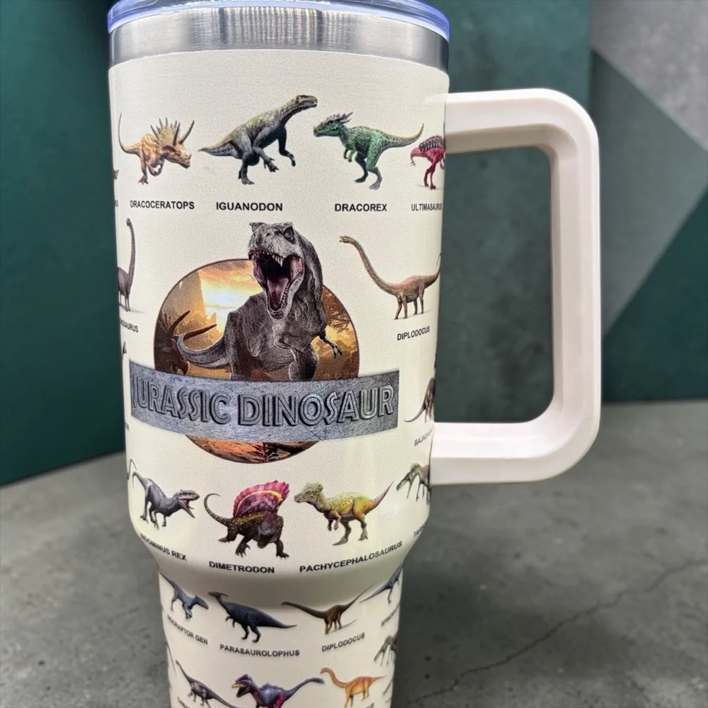DINOSAUR JUMBO 64 OZ STAINLESS STEEL TRAVEL TUMBLER WITH HANDLE & SLIDE LID